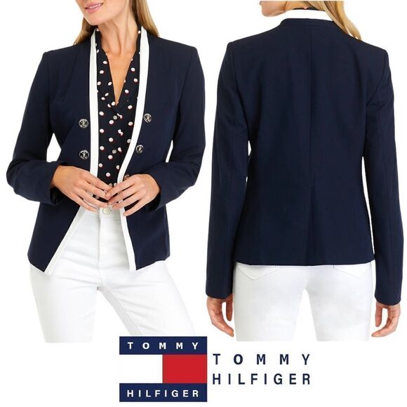 Tommy Hilfiger Women’s Open Front Cropped Button Detail Statement Blazer Medium - Picture 1 of 12